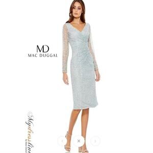 Mac Duggal Platinum Ruched Embroidered Mesh Jeweled Midi Dress Size 6